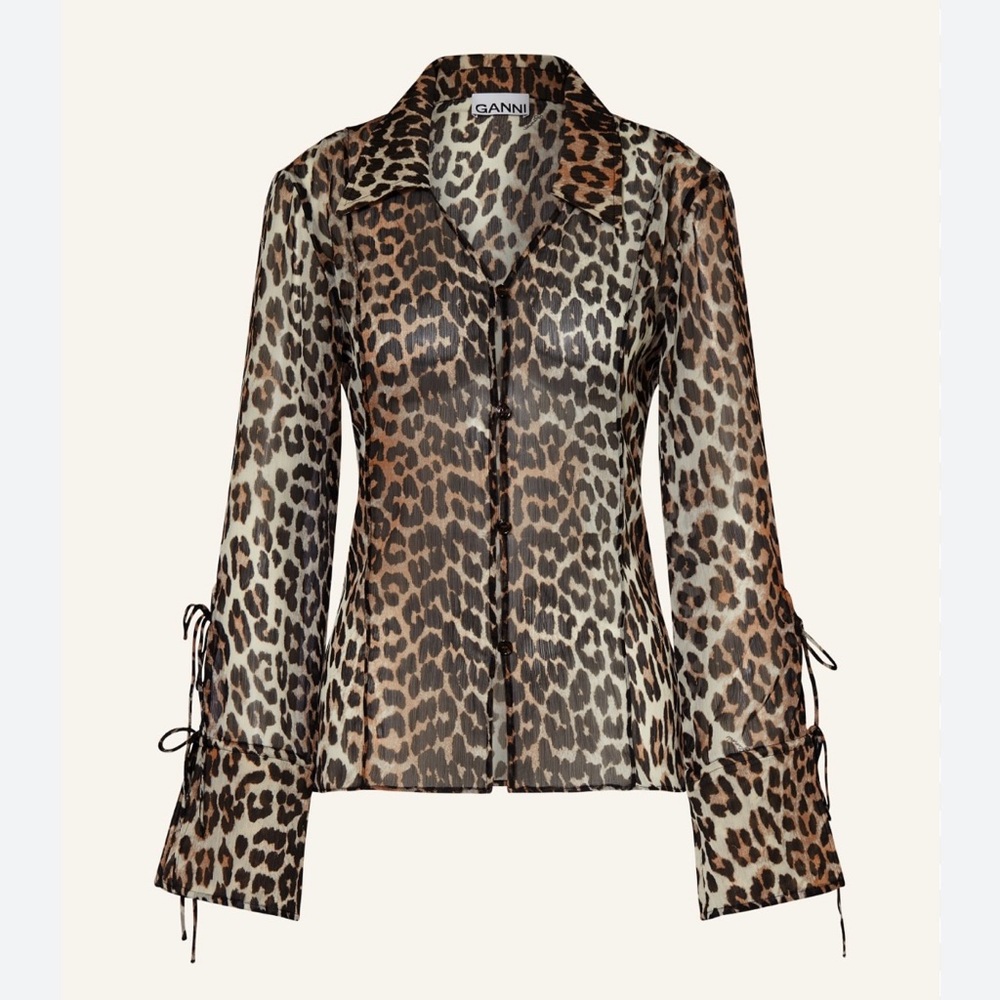 NWOT- GANNI TIE-DETAILED LEOPARD PRINT BLOUSE - sZ36/ SMALL